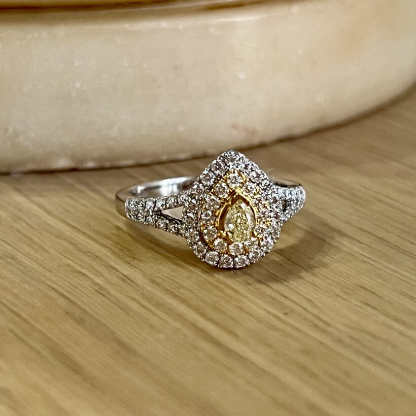 Bague Spring en or blanc, or blanc, diamant jaune de taille poire de 0,25 carat et diamants