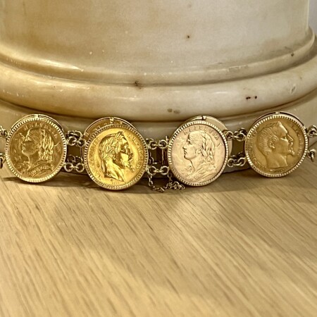 Bracelet pièces de 20 francs Suisse et 20 francs Napoléon en or jaune de 65,28 grammes