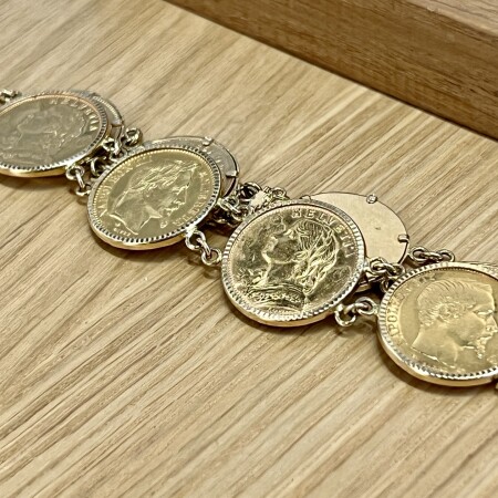 Bracelet pièces de 20 francs Suisse et 20 francs Napoléon en or jaune de 65,28 grammes