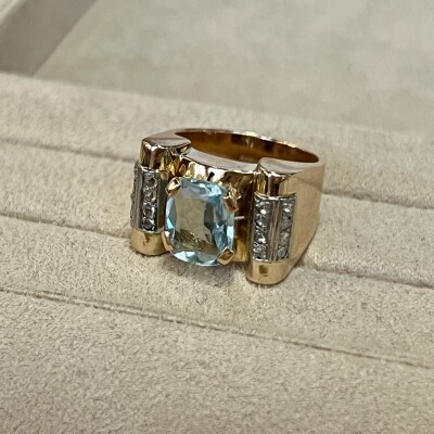 Bague Tank en or rose, platine, aigue-marine et diamants vers 1940