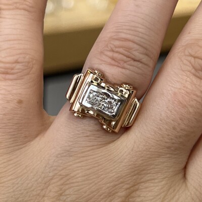 Bague Tank en or rose, platine et diamants de taille ancienne pour 0,20 carat vers 1940