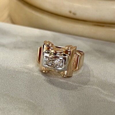 Bague Tank en or rose, platine et diamants de taille ancienne pour 0,20 carat vers 1940