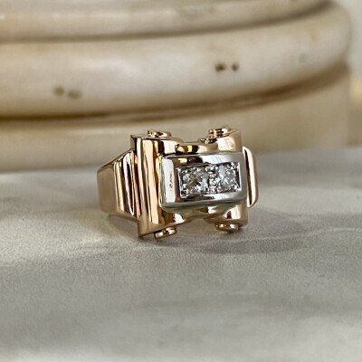 Bague Tank en or rose, platine et diamants de taille ancienne pour 0,20 carat vers 1940