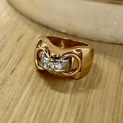 Bague Tank en or rose, platine et diamants demi-taille pour 0,20 carat vers 1940