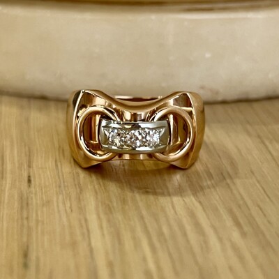 Bague Tank en or rose, platine et diamants demi-taille pour 0,20 carat vers 1940