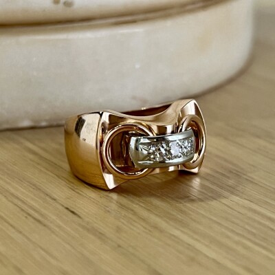 Bague Tank en or rose, platine et diamants demi-taille pour 0,20 carat vers 1940