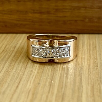 Bague Tank en or rose, platine et diamants de taille ancienne pour 0,30 carat vers 1940