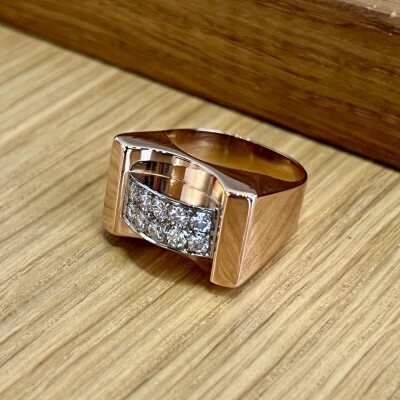 Bague Tank en or rose, platine et diamants pour 1 carat vers 1940