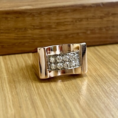 Bague Tank en or rose, platine et diamants pour 1 carat vers 1940