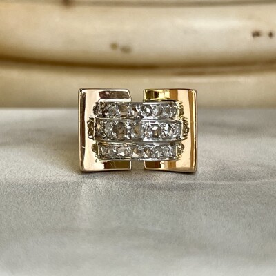 Bague Tank en or rose, platine et diamants de taille ancienne pour 0,50 carat vers 1940