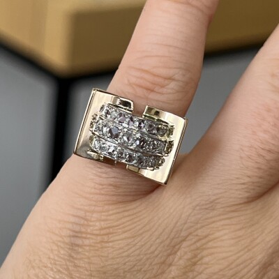 Bague Tank en or rose, platine et diamants de taille ancienne pour 0,50 carat vers 1940