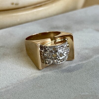 Bague Tank en or rose, platine et diamants de taille ancienne pour 0,50 carat vers 1940