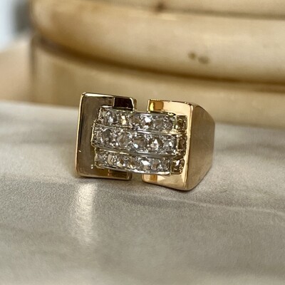 Bague Tank en or rose, platine et diamants de taille ancienne pour 0,50 carat vers 1940