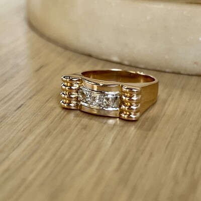Bague Tank en or rose, platine et diamants de taille ancienne pour 0,25 carat vers 1940
