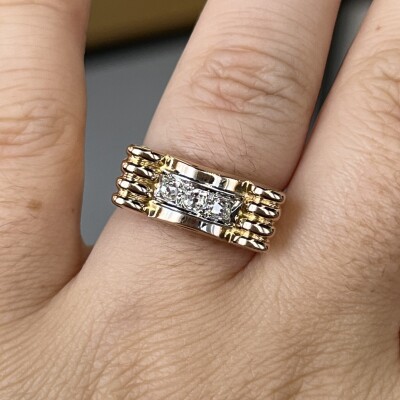 Bague Tank en or rose, platine et diamants de taille ancienne pour 0,25 carat vers 1940