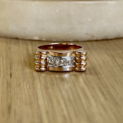 Bague Tank en or rose, platine et diamants de taille ancienne pour 0,25 carat vers 1940