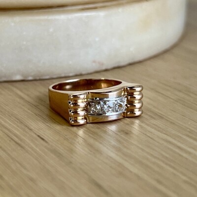 Bague Tank en or rose, platine et diamants de taille ancienne pour 0,25 carat vers 1940