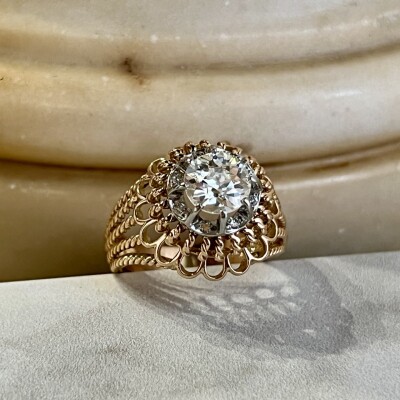 Bague Dôme en or rose, platine, diamant de taille ancienne de 1,25 carat et diamants 8x8 pour 0,08 carat