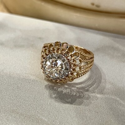 Bague Dôme en or rose, platine, diamant de taille ancienne de 1,25 carat et diamants 8x8 pour 0,08 carat