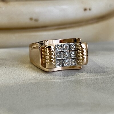 Bague Tank en or rose, platine, diamants 8x8 pour 0,40 carat vers 1940