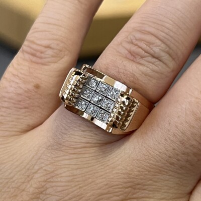 Bague Tank en or rose, platine, diamants 8x8 pour 0,40 carat vers 1940
