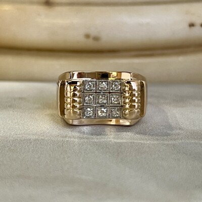 Bague Tank en or rose, platine, diamants 8x8 pour 0,40 carat vers 1940