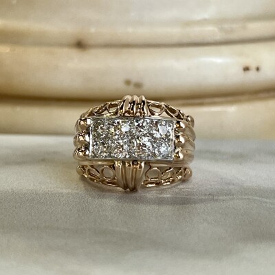 Bague Tank en or rose, platine et diamants de taille ancienne pour 0,80 carat vers 1940