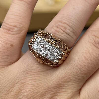 Bague Tank en or rose, platine et diamants de taille ancienne pour 0,80 carat vers 1940