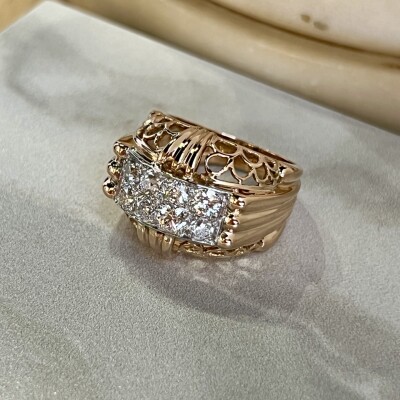 Bague Tank en or rose, platine et diamants de taille ancienne pour 0,80 carat vers 1940
