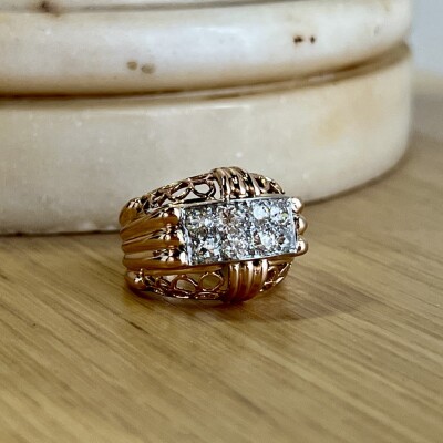 Bague Tank en or rose, platine et diamants de taille ancienne pour 0,80 carat vers 1940