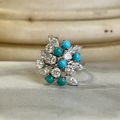 Bague en or blanc, turquoises, diamants de taille marquise pour 1,20 carat et diamants pour 1,20 carat