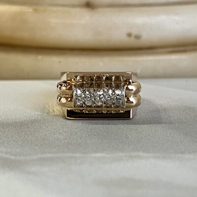 Bague Tank en or rose, platine et diamants de taille rose pour 0,15 carat vers 1940