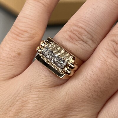 Bague Tank en or rose, platine et diamants de taille rose pour 0,15 carat vers 1940