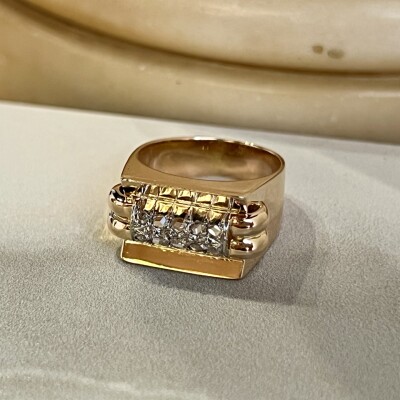 Bague Tank en or rose, platine et diamants de taille rose pour 0,15 carat vers 1940