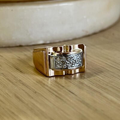 Bague Tank en or rose, platine et diamants de taille ancienne pour 0,15 carat vers 1940