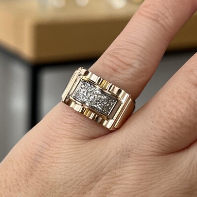 Bague Tank en or rose, platine et diamants de taille ancienne pour 0,15 carat vers 1940