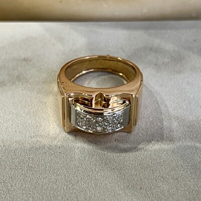 Bague Tank en or rose, platine et diamants de taille ancienne pour 0,15 carat vers 1940
