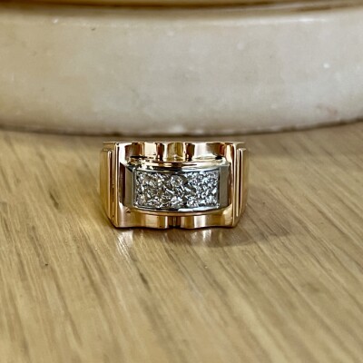 Bague Tank en or rose, platine et diamants de taille ancienne pour 0,15 carat vers 1940