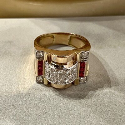 Bague Tank en or rose, platine et diamants pour 0,75 carat vers 1940
