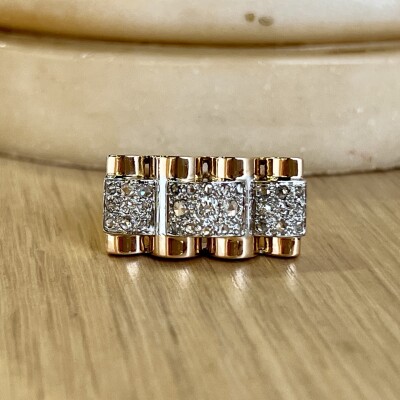 Bague Tank en or rose, platine et diamants de taille rose pour 0,60 carat vers 1940