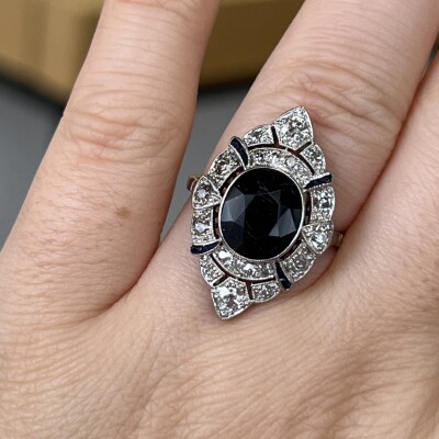 Bague Marquise en or blanc, platine, saphir ovale de 3,50 carats et diamants de taille ancienne pour 1 carat