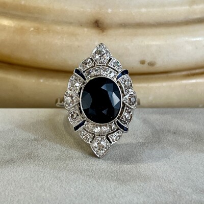 Bague Marquise en or blanc, platine, saphir ovale de 3,50 carats et diamants de taille ancienne pour 1 carat