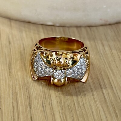Bague Tank en or rose, platine, diamant de 0,15 carat, diamants de taille ancienne pour 0,50 carat et diamants 8x8
