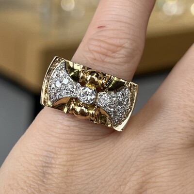 Bague Tank en or rose, platine, diamant de 0,15 carat, diamants de taille ancienne pour 0,50 carat et diamants 8x8
