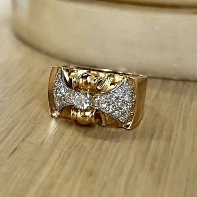 Bague Tank en or rose, platine, diamant de 0,15 carat, diamants de taille ancienne pour 0,50 carat et diamants 8x8