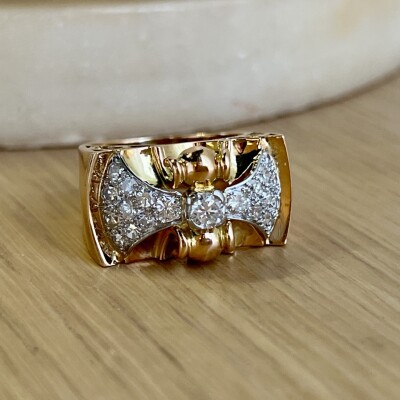 Bague Tank en or rose, platine, diamant de 0,15 carat, diamants de taille ancienne pour 0,50 carat et diamants 8x8