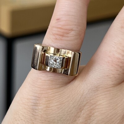 Bague Tank en or rose, platine et diamant de taille ancienne de 0,20 carat vers 1940