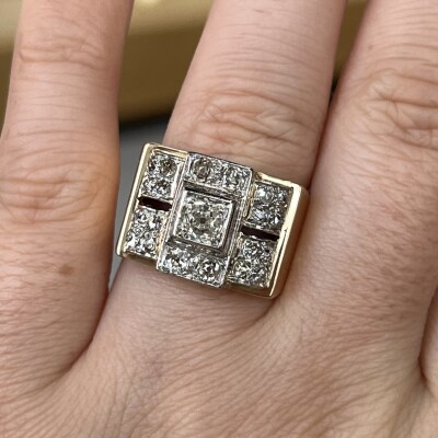 Bague Tank en or rose, platine, diamants de taille ancienne pour 0,75 carat et diamants 8X8 pour 0,50 carat vers 1940