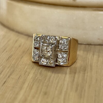 Bague Tank en or rose, platine, diamants de taille ancienne pour 0,75 carat et diamants 8X8 pour 0,50 carat vers 1940