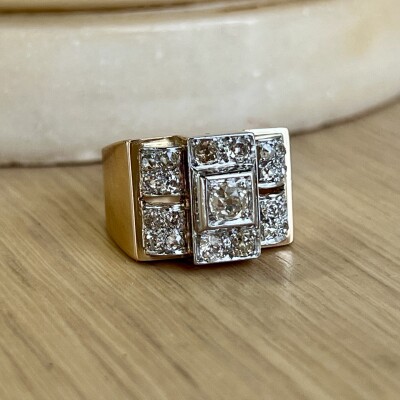 Bague Tank en or rose, platine, diamants de taille ancienne pour 0,75 carat et diamants 8X8 pour 0,50 carat vers 1940
